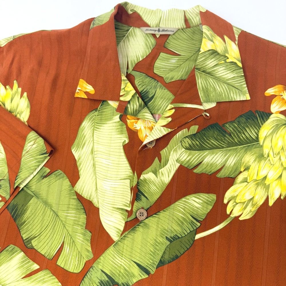 Tommy Bahama Mens Medium Silk Banana Leaf Tropical Camp Shirt Orange Green